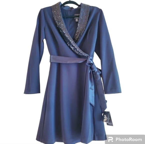 Adriana Papell Shirt Tuxedo Dress sequined collar NWT 10 deepnavy blue - Picture 1 of 6
